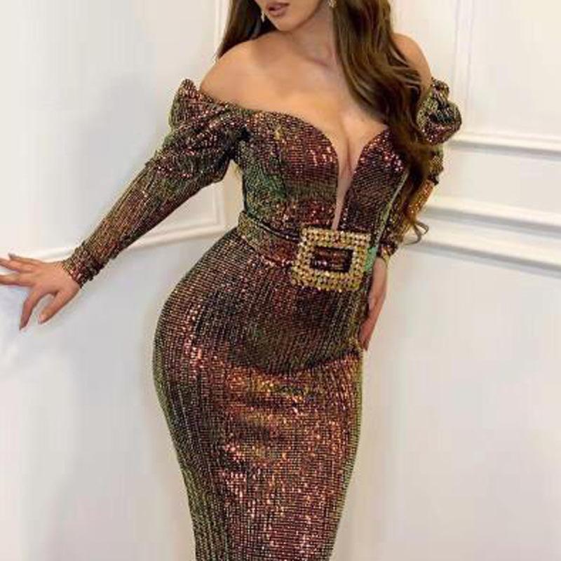 Sexy Off Shoulder Long Sleeve Sequin Evening Dress