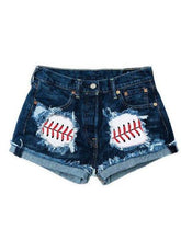 Load image into Gallery viewer, Women&#39;s Baseball Print Denim Shorts
