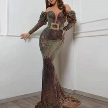 Load image into Gallery viewer, Sexy Off Shoulder Long Sleeve Sequin Evening Dress
