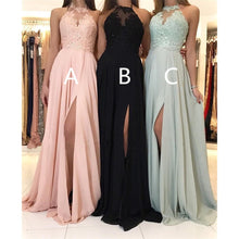 Load image into Gallery viewer, Lace Top Halter Sleeveless Chiffon Split Long Black Dress
