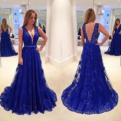 Royal blue lace prom dresses