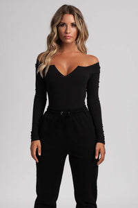 Malene V-Neck Ribbed Long Sleeve Bodysuit - Black