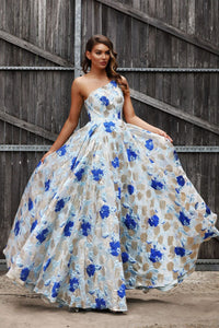 Floral Metallic Print  Fitted Bodice Ball Gown