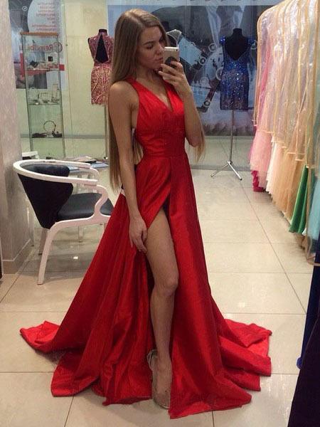 Formal Gowns Sexy V Neck Red prom Dress