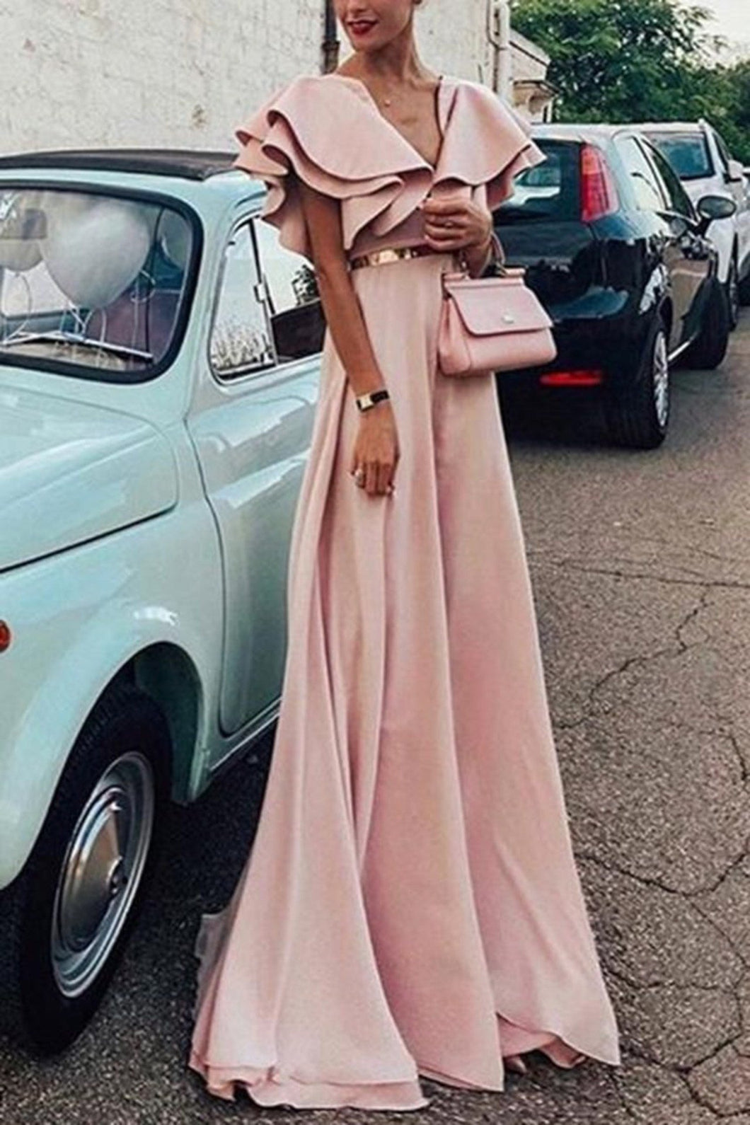 Sexy Pink Short Sleeves V Neck Maxi Dress