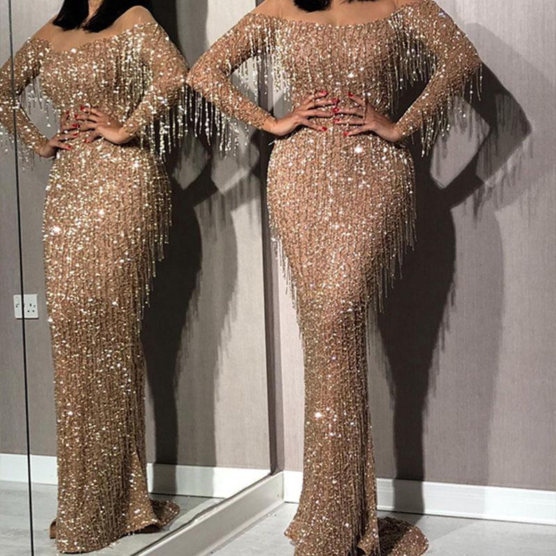 Fashion Sexy Shiny Sleeves Slim Tailed Evening Dress