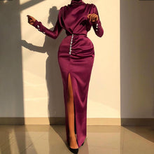 Load image into Gallery viewer, Sexy Elegant Long Sleeve Side Slit Wrinkle Evening Dress
