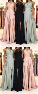 Lace Top Halter Sleeveless Chiffon Split Long Black Dress