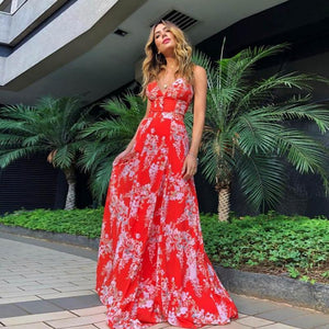 Floral Print Plunge Strappy Back Corset Maxi Dress