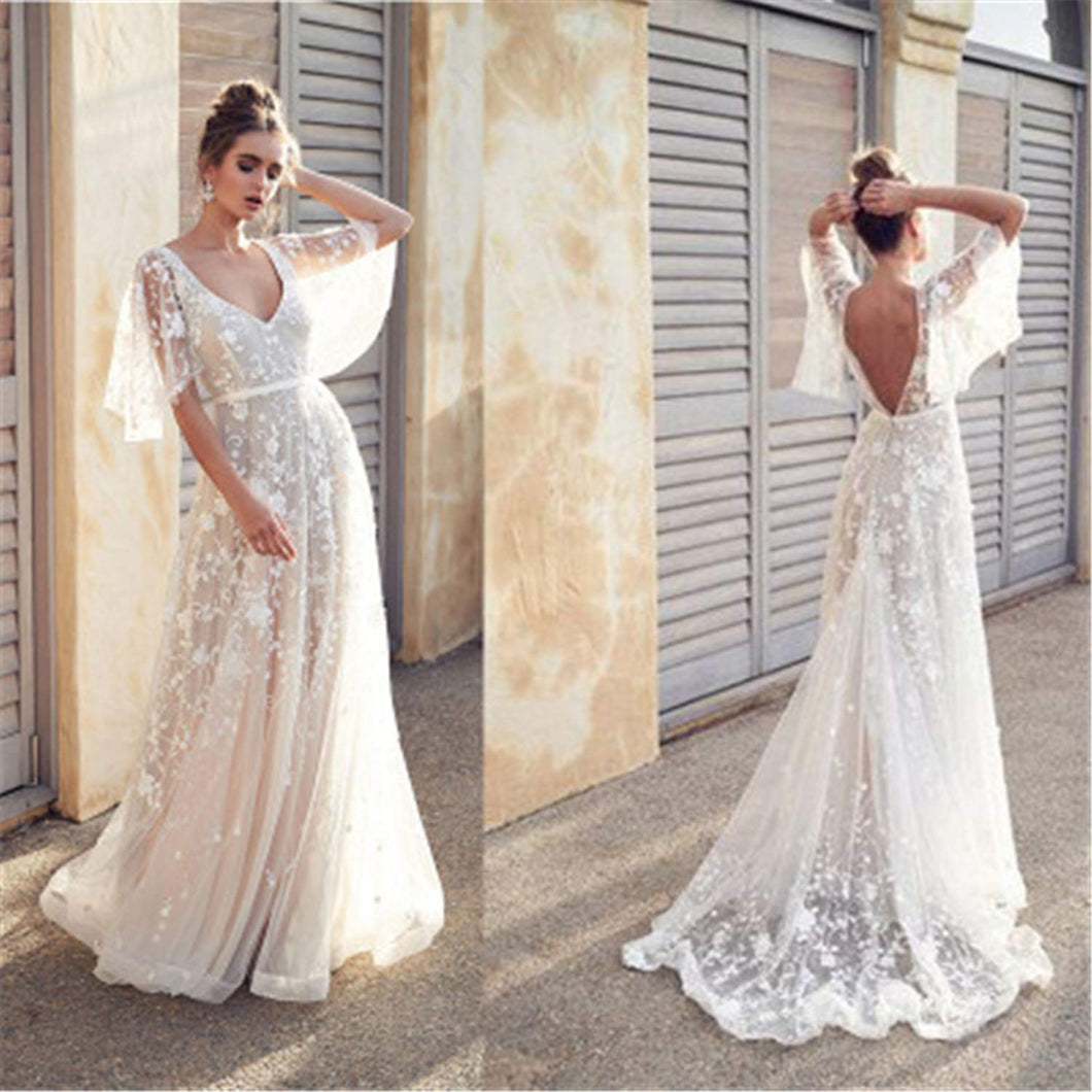 Long Evening Party Beach Lace Dress Short Sleeve Dress