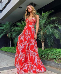 Floral Print Plunge Strappy Back Corset Maxi Dress