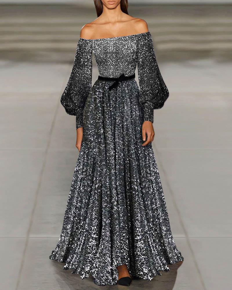 Sexy Word Shoulder Sequin Evening Dress