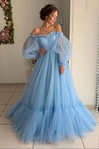 Ball Gown Blue Tulle Prom Dresses