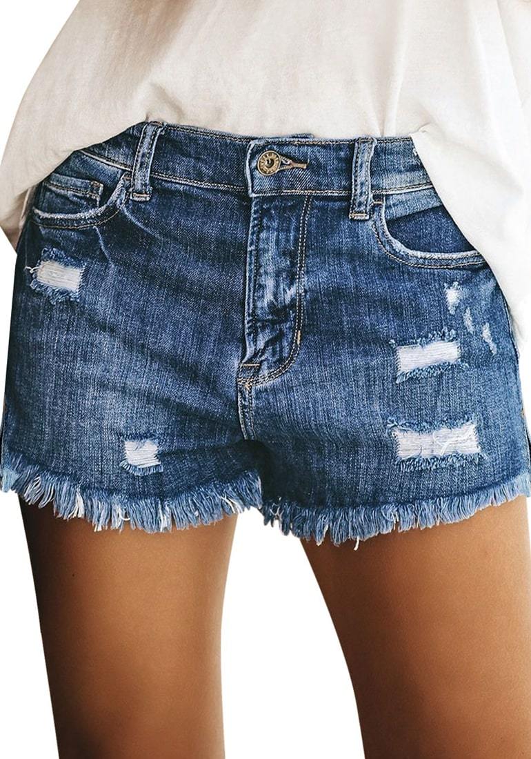 Dark Blue Frayed Hem Distressed Side-Slit Denim Shorts