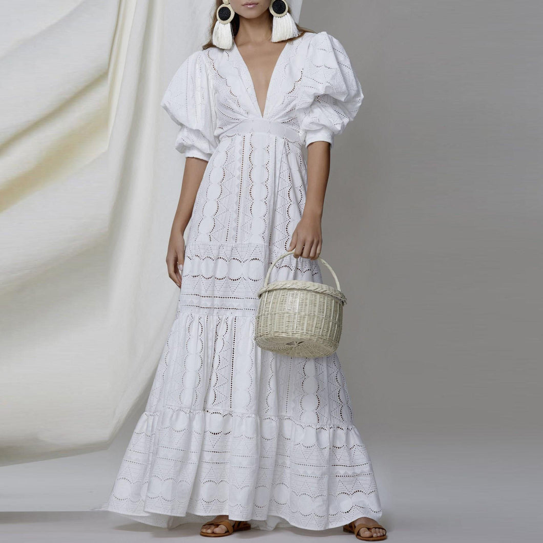 Women Elegant Ladies Long White  V-Neck Evening Dress