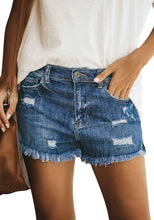 Load image into Gallery viewer, Dark Blue Frayed Hem Distressed Side-Slit Denim Shorts

