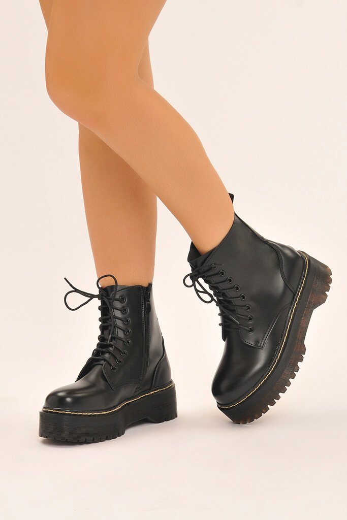 Black Platform Military Lace Up Boots