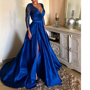 Long Sleeves Plunge Neckline In  Lace Thigh Slit Evening Gown
