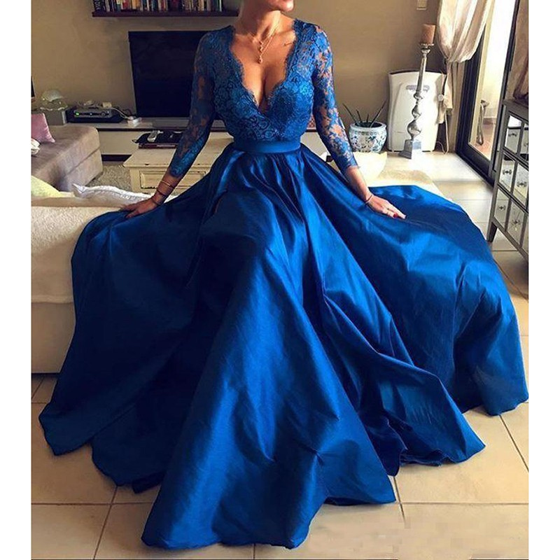 Long Sleeves Plunge Neckline In  Lace Thigh Slit Evening Gown