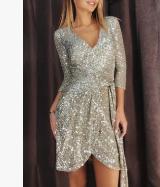 Silver short evening sequin dress
