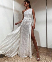 Load image into Gallery viewer, One Shoulder Sequin Sexy Slit  Prom Dresses
