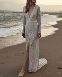Deep V Neck High Split Hem Sequin Silvery Formal Dress