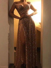 Load image into Gallery viewer, Shoulder Sparkly Gold Sequin Long Prom Dresses
