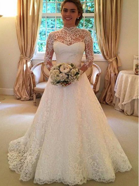 Neckline Lace A line Long Sleeve Wedding Dresses