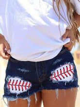 Load image into Gallery viewer, Women&#39;s Baseball Print Denim Shorts
