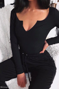 Malene V-Neck Ribbed Long Sleeve Bodysuit - Black