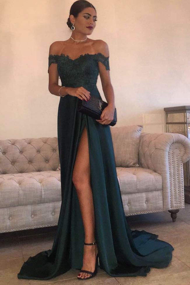 Dark Green Chiffon High Split Prom Dress