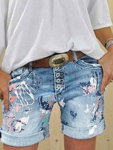 Load image into Gallery viewer, Multi-button Printed Denim Shorts

