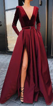 Load image into Gallery viewer, Burgundy V Neck Long Sleeves Side Slit Long Prom Dresses
