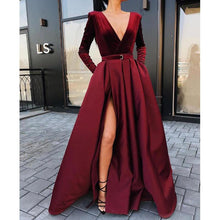 Load image into Gallery viewer, Burgundy V Neck Long Sleeves Side Slit Long Prom Dresses
