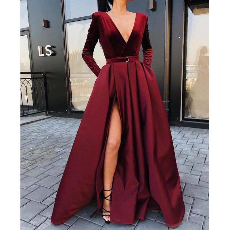 Burgundy V Neck Long Sleeves Side Slit Long Prom Dresses