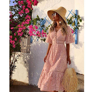 Casual Solid V-Neckline Midi X-line Dress