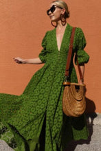 Load image into Gallery viewer, Green V-neck Lace Swing Dress

