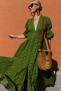 Green V-neck Lace Swing Dress