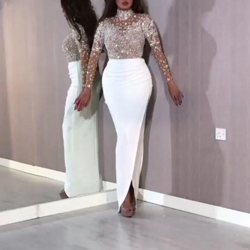 Long Sleeve Sequin Wrap Evening Dress